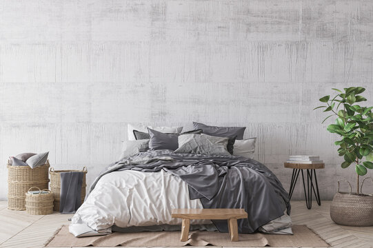 Scandinavian style bedroom mockup, home interior design, 3D render