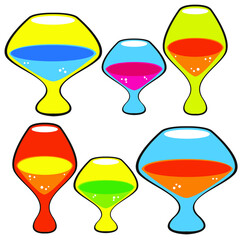 Set of vector images of multi-colored glasses with wine on a white background.  - 365675529