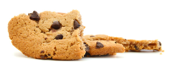 Closeup of crumbled chocolate chip cookie on white background