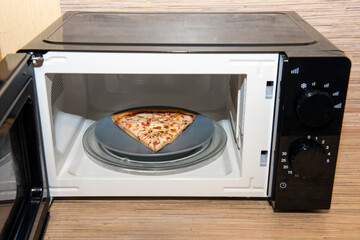 Plate with slice of pizza in microwave oven