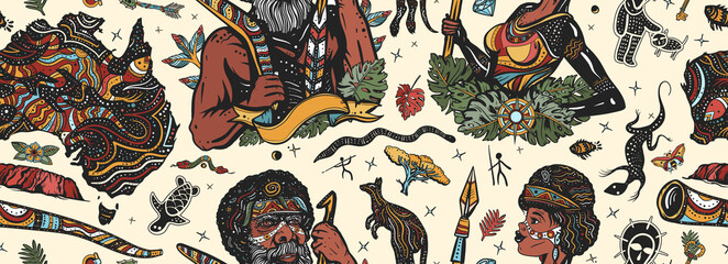 Australia seamless pattern. Ethnic Australian woman in traditional costume. Aboriginal tribes bushmen. Boomerang, rock painting, kangaroo, didgeridoo, map. Old school tattoo vector graphics