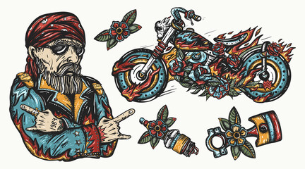 Bikers lifestyle. Color tattoo graphics collection. Bearded biker man, burning motorcycle, rider sport elements. Spark plug, moto bike. Traditional tattooing set