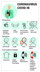 Instruction during the epidemic coronavirus (COVID-19). An alert idea about symptoms of the disease. Vector illustration.