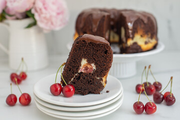 Fototapeta na wymiar chocolate cherry sponge cake with chocolate frosting