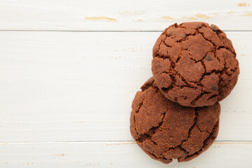Chocolate chips cookies on white background with copy space