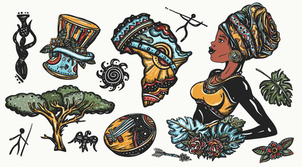 Africa color graphics elements set. Tattoo vector collection. African woman in traditional turban, kalimba, map, drum. Tradition, people and culture. Ethnic afro girl. Black tribe