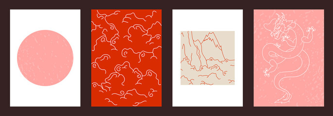 Set of templates in Japanese style. Dragon and clouds texture background.