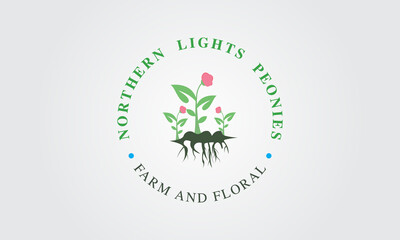 Peonies logo design template with roots.