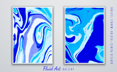 Vector. Fluid art. Liquid marble texture. Blue wave effect. Art brush strokes with acrylic paints. Trendy modern background. Abstract painting. Template for posters, invitations, book covers.