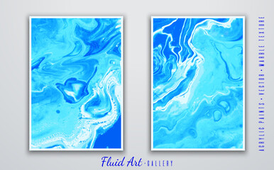 Fluid art. Abstract vector background. Marble and sea wave texture. Blue shades. Liquid acrylic paints. Fashionable modern design. Template for posters, invitations, book covers, presentations.