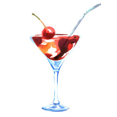 Martini glass with cherry, alcoholic red cocktail with straw, isolated, hand drawn watercolor illustration on white background