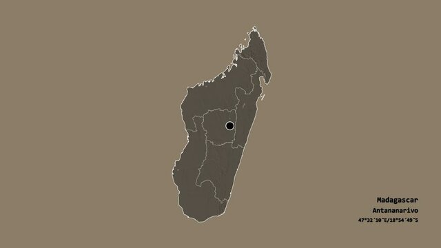 Fianarantsoa, autonomous province of Madagascar, with its capital, localized, outlined and zoomed with informative overlays on a administrative map in the Stereographic projection. Animation 3D