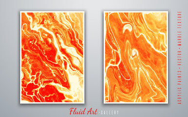 Vector. Fluid art. Liquid marble texture. Bright yellow and orange colors. Art brush strokes with acrylic paints. Trendy modern background. Abstract painting. Template for posters, book covers..