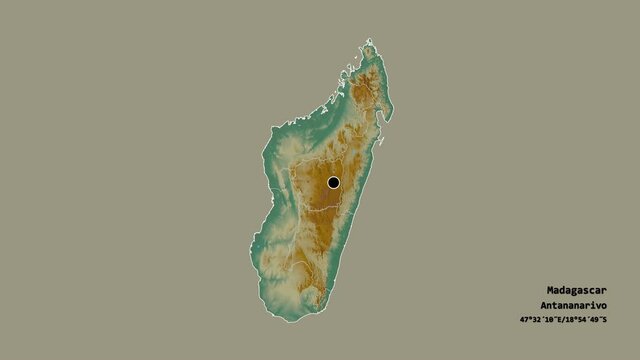 Fianarantsoa, autonomous province of Madagascar, with its capital, localized, outlined and zoomed with informative overlays on a relief map in the Stereographic projection. Animation 3D