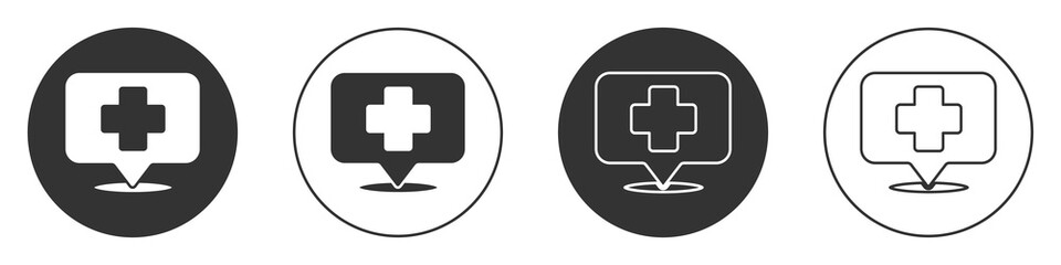 Obraz premium Black Medical map pointer with cross hospital icon isolated on white background. Circle button. Vector Illustration.