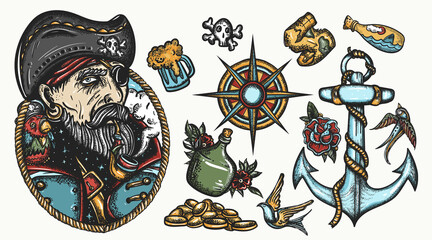Pirates set. Color tattoo vector collection. Vector graphics elements. Captain sea wolf, parrot, compass, anchor, rum, treasure island, swallows. Sea adventure. Traditional tattooing style