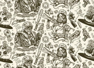 Fototapeta na wymiar Post apocalypse seamless pattern. Doomsday girl and gun, end of world. Post apocalyptic man warrior, soldier woman. People, weapon of dark future. Nuclear war background