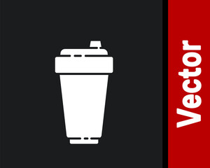 White Fitness shaker icon isolated on black background. Sports shaker bottle with lid for water and protein cocktails. Vector Illustration.