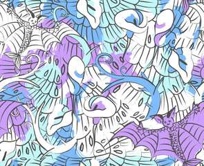 Bats and flowers seamless pattern. Background with fantasy frightful creature with fish tale and Calla Lily flower on feather texture