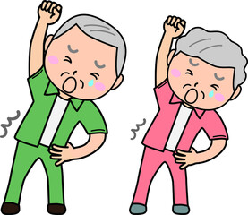 老人01_02（二人で体操で腰を痛めるおじいさんとおばあさん）