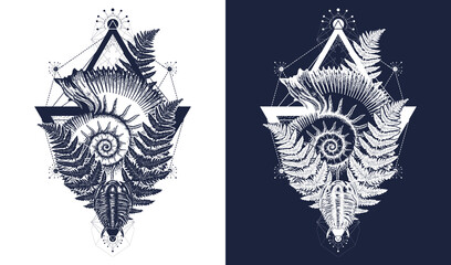 Nautilus shell prehistoric tattoo art. Ancient ammonite in the triangle t-shirt design. Ancient fossils, symbol of paleontology, science, education. Trilobites and fern. Black and white vector graphic © intueri