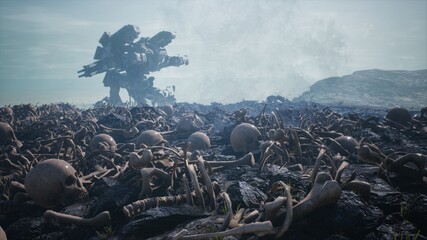 Military mech are walking on a battlefield covered with human bones and skulls. The concept of the future Apocalypse. 3D Rendering © designprojects