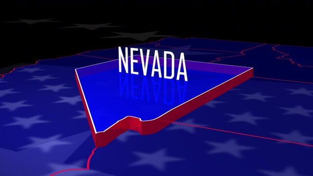 Graphic fly into Nevada on colorful animated map of the United States of America.