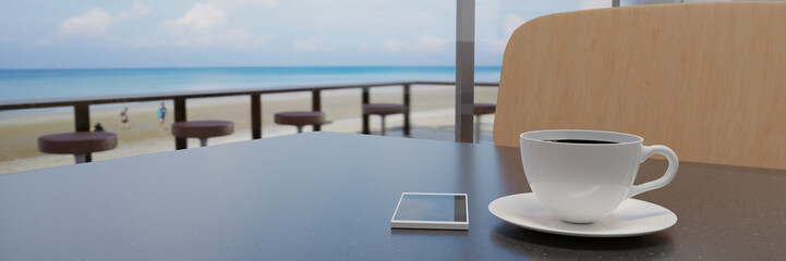 Black coffee in a white mug on a marble patterned table. The coffee shop or restaurant has a balcony overlooking the beach. Sea and beach view Blue sea and clear sky. 3D Rendering
