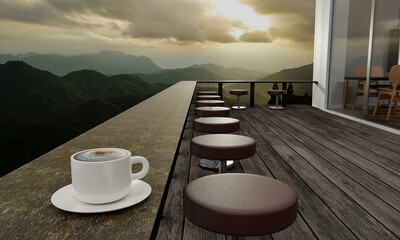 A restaurant or coffee shop has a mountainous landscape and some morning mist. The sunlight on the top of the hill. Balcony or terrace Plank floors and long tables made of wood and timber.3d Rendering