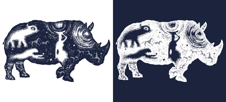 Rhinoceros tattoo art. Symbol Africa, savannah, travel. Rhino double exposure t-shirt design. Black and white vector graphics