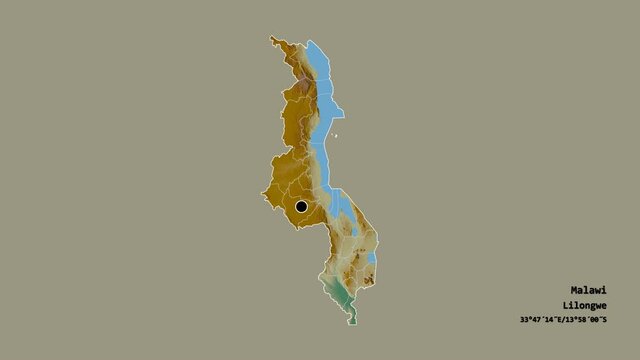 Chitipa, district of Malawi, with its capital, localized, outlined and zoomed with informative overlays on a relief map in the Stereographic projection. Animation 3D