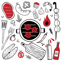 Bbq doodle set. Hand drawn modern barbeque cooking food collection, meat, vegetables and tools for grill party, vector illustration for restaurant cafe menus, banner or poster design elements