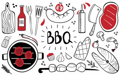 Bbq doodle set. Hand drawn modern barbeque cooking food collection, meat, vegetables and tools for grill party, vector illustration for restaurant cafe menus, banner or poster design elements