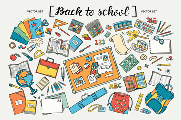 Vector cartoon set with doodles on the theme of back to school. Colorful isolated symbols of education. stationery. Line art for use in design - 365682197