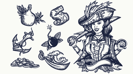 Pirate. Old school tattoo vector collection. Captain, sea wolf girl filibuster, compass, anchor, rum, treasure island, swallows. Sea adventure vector elements. Traditional tattooing style