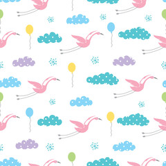 Flying storks, clouds and balloons. Festive seamless pattern for newborn baby