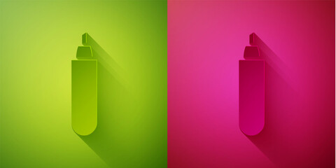 Paper cut Marker pen icon isolated on green and pink background. Paper art style. Vector Illustration.