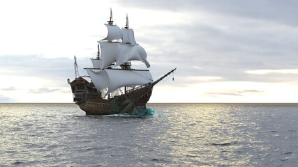 A medieval pirate ship sailing on a vast blue ocean. Concept of sea adventures in the middle ages. 3D Rendering © designprojects