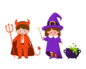 Cartoon Halloween - cute girl and boy isolated vector on white, funny kids characters in costumes of witch and devil, cartoon flat illustration for cards, posters or festive decorations