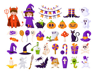 Fototapeta na wymiar Halloween cartoon set - kids in halloween costumes of devil and witch, pumpkin, scary creepy characters - ghost, monster, bat, skull, voodoo doll, cat, traditional holiday symbols - isolated vector