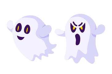 Halloween cartoon scary creepy ghost, traditional holiday symbols - isolated elements on white background - vector illustration