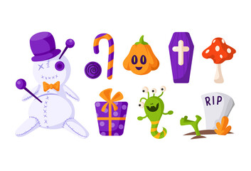 Halloween cartoon set - voodoo doll and pumpkin lantern jack, scary scull and bones, candy or lollipop, gift box and cake - traditional holiday symbols isolated on white vector illustration