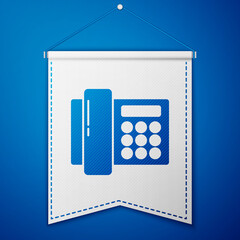 Blue Telephone icon isolated on blue background. Landline phone. White pennant template. Vector Illustration.