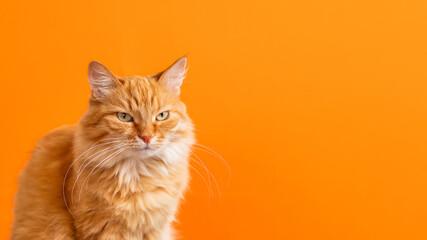 Cute ginger cat on bright orange background. Portrait of proud fluffy pet. Banner with furry domestic cat and copy space.