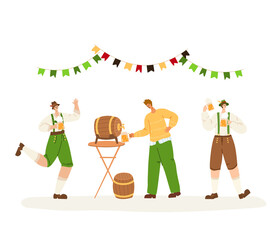 Oktoberfest event or beer festival - group of people together dancing, holding beer mugs, celebrating in traditional bavarian costumes on party. Men or set of male flat characters - isolated vector