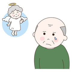 Elderly man reminiscing about his late wife. Vector illustration isolated on white background.