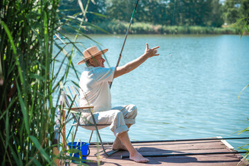 Senior man on a fishing, lifestyle of people on retired. Hobby of older people