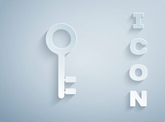 Paper cut House key icon isolated on grey background. Paper art style. Vector Illustration.