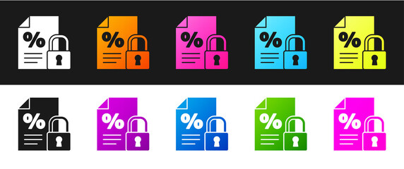 Set Finance document and lock icon isolated on black and white background. Paper bank document for invoice or bill concept. Vector Illustration.