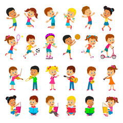  bokids, boys and girls activity collection, vector, illustrationys and girls activity collection